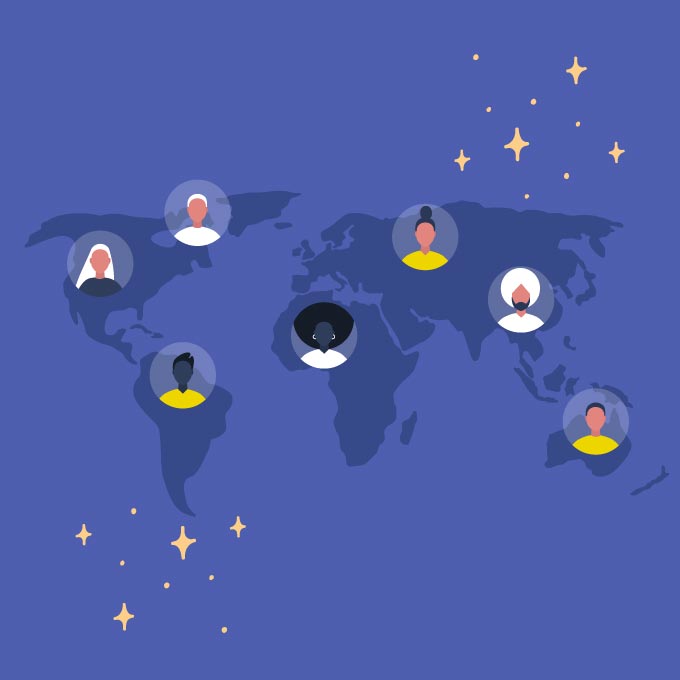 Illustration of a world map with icons of peoples heads scattered over the globe.