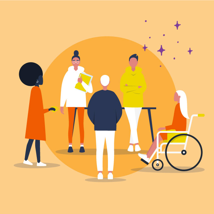 Illustration of a group of friends talking.