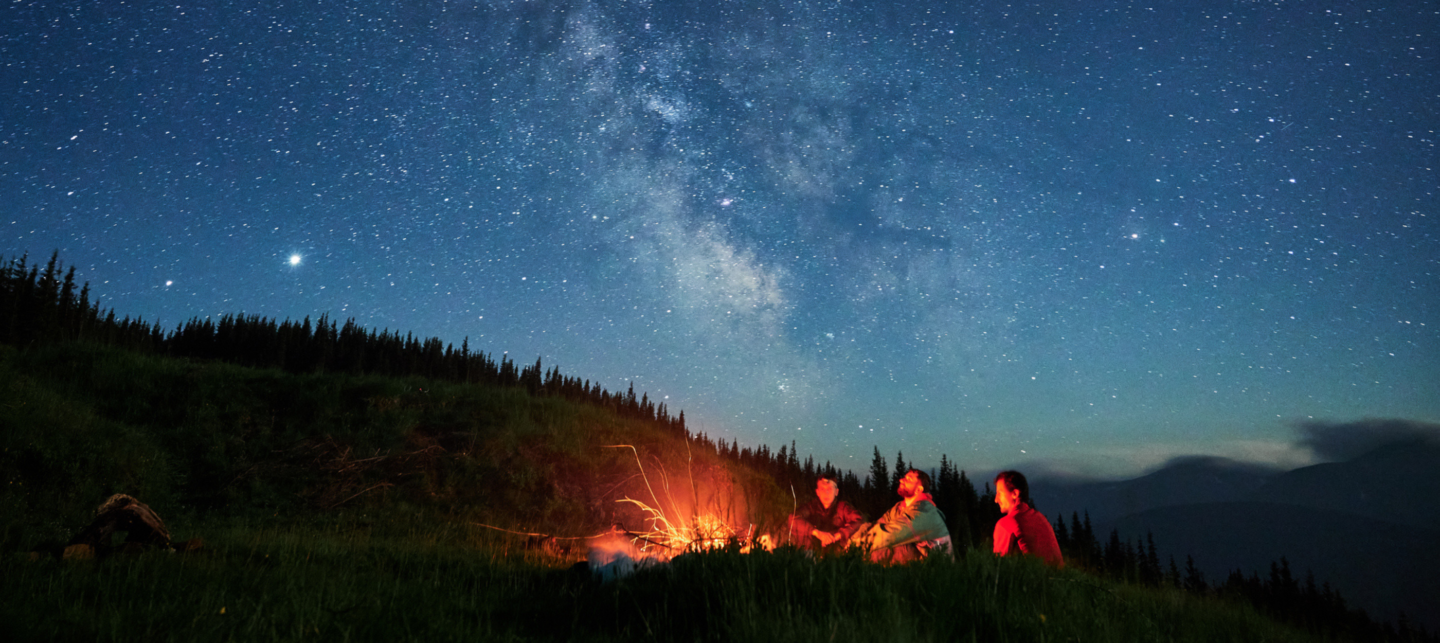 Group of friends around a campfire under a starry sky.
