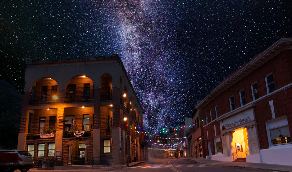 Old buildings in Downtown Bisbee, Arizona with Milky Way above.